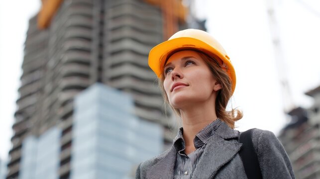 Confident woman engineer wearing a safety helmet, stands in front of a construction site, ready to lead projects.