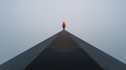 Person stands on rooftop pyramid, looking ahead on a foggy day, background showing ominous sky. Use inspiration