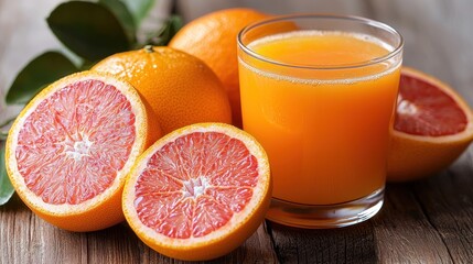Bright orange juice with halved oranges on a rustic wooden surface