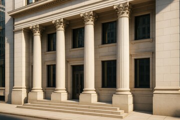 Naklejka premium Classical stone building facade with Corinthian columns in warm daylight, symbolizing stability, law, and finance concepts in urban setting. Ai generative