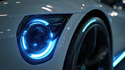Detailed close-up of a modern car headlight showcasing sleek design and vibrant LED light features.