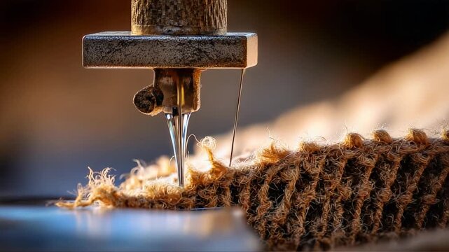 Close-up of a sewing machine needle piercing through fabric, capturing the intricate details of stitching and the precision of textile manipulation in a focused craftsmanship context.