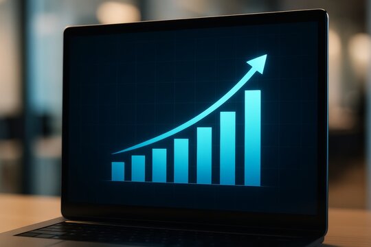 Glowing blue bar chart with rising arrow on laptop screen in dark office background symbolizing financial growth and success concept. Ai generative - Powered by Adobe