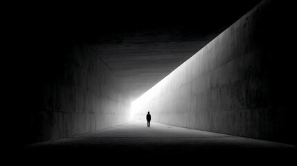 Silhouette of person walking into bright tunnel entrance, emphasizing journey or anticipation