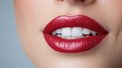 Fototapeta premium Glamorous red lips shine brightly, showcasing perfect smile and smooth texture
