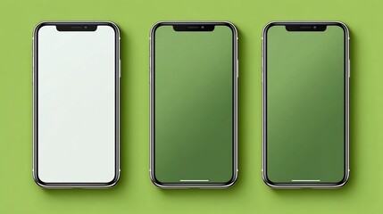 Three smartphones with screens, one blank, two green, arranged on green surface