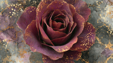 Elegant Burgundy Rose with Gold Accents on Abstract Artistic Background for Modern Decorative Wallpaper Illustration