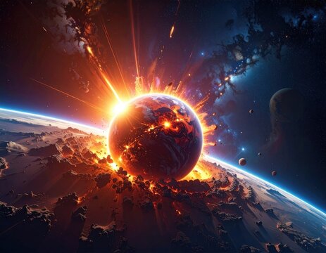 Fiery planet exploding with intense cosmic energy - Powered by Adobe