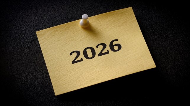 2026 writing on a yellow sticky note pinned on the wall 