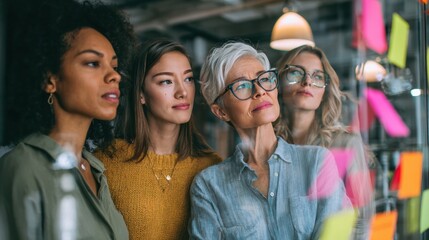 Four diverse women collaborate on a project, studying colorful sticky notes with focus and determination.