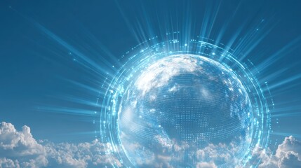 Futuristic globe with glowing lines against a blue sky, representing connectivity and global communication.