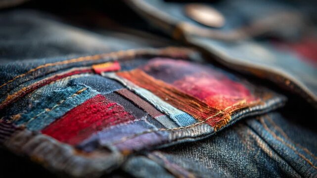Close-Up of Colorful Denim Patchwork on a Stylish Jacket Showcasing Unique Fabric Details and Textures, Perfect Example of Modern Fashion Design and Craftsmanship