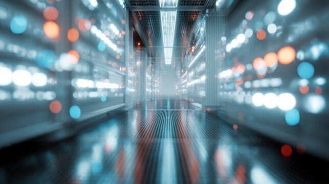 Futuristic server room with glowing lights, showcasing a tech-driven environment and advanced data systems.