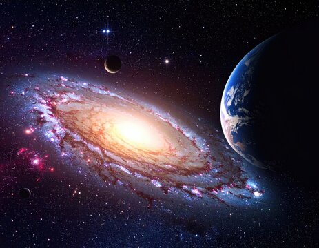 Galaxy & planet view in cosmic space with moonscape