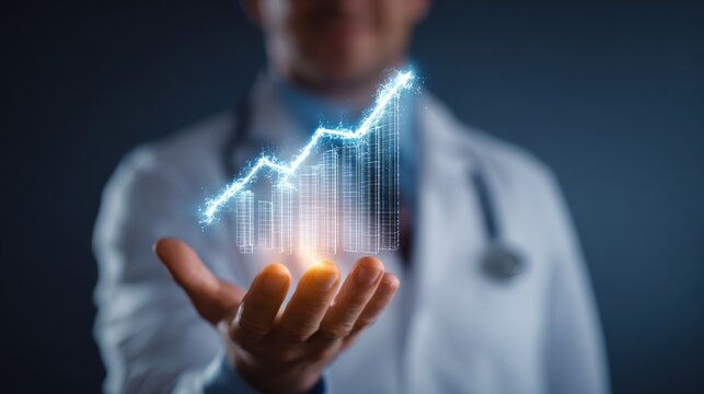 Healthcare professional analyzing statistics with a digital growth graph representation in their hand. - Powered by Adobe
