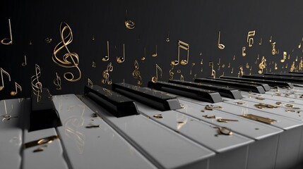 Piano keyboard with gold musical notes flowing on a dark background, evoking music composition