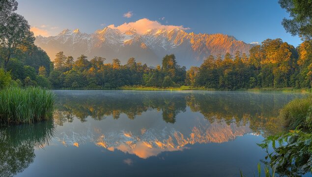 Calm lake reflects mountains, trees, sky. Sunlit