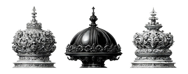 Artistic Crown Designs with Ornate Patterns and Elegant Details on Transparent Background