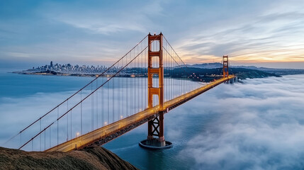 Fototapeta premium Golden Gate Bridge glowing in fog with city skyline in background, creating serene atmosphere