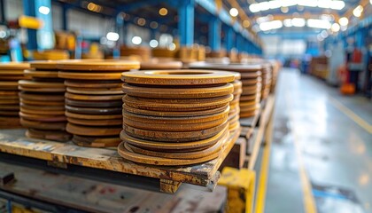 Stacks of Rusty Metal Rings in Warehouse