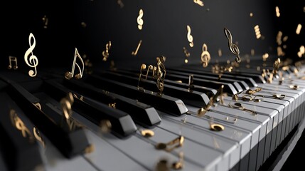 Piano keys with golden music notes falling against a dark background, for musical themes