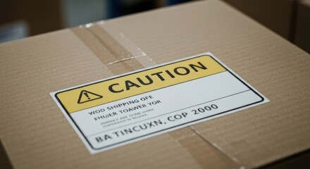 Cardboard box with caution label and nonsensical text close-up