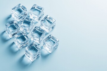 Transparent ice cubes arranged on smooth blue surface with soft lighting and copyspace on right side, minimal clean freshness concept illustration. Ai generative