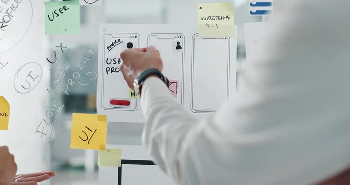 Business, people and notes on glass in office with ux design, ui layout and collaboration for interface ideas. Staff, meeting and team with wireframe for user experience, review template and software