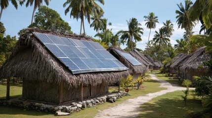 Fototapeta premium Sustainable huts with solar panels surrounded by lush greenery, showcasing eco-friendly living and renewable energy.