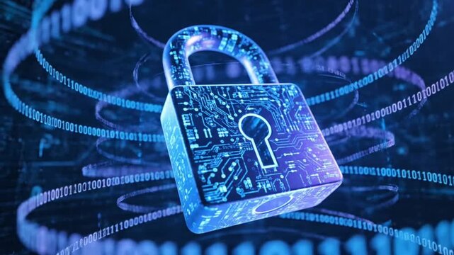 A stylized video of a digital padlock surrounded by flowing binary code and data streams.