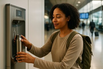 Woman refilling reusable stainless steel water bottle at airport hydration station, promoting sustainable travel habits and eco-conscious lifestyle. Ai generative