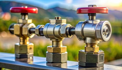 Three Industrial Valves with Red Handles