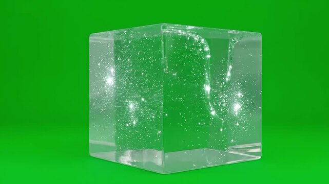 Sparkling clear cube with shimmering particles against a vibrant green background
