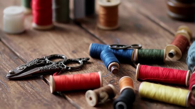 Colorful spools of thread and vintage scissors on a wooden surface