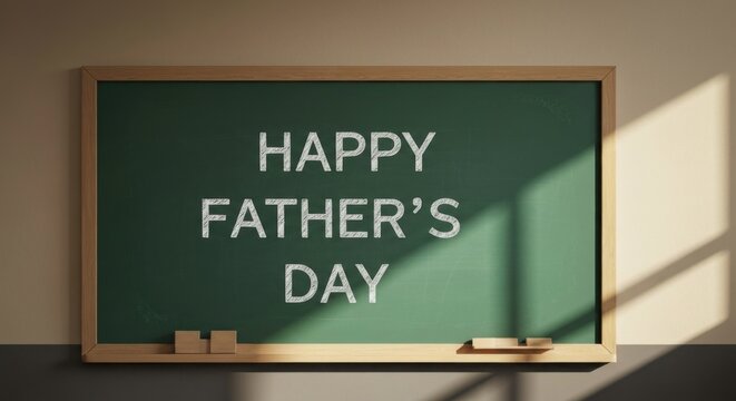 Chalkboard with "Happy Father's Day" message, bathed in warm sunlight