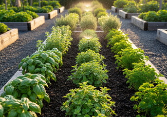 Garden Oasis: A vibrant garden scene with lush rows of herbs thriving under the gentle mist of sprinklers, showcasing a sustainable, organic ecosystem.