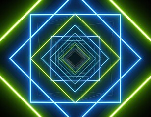 Fototapeta premium Nested neon squares recede into a dark center