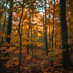 Fototapeta premium Autumn Forest Scene: Sunlight filters through a dense forest of trees, casting a warm, golden light on the colorful foliage and forest floor.
