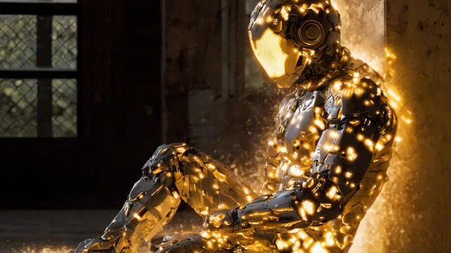 A stunning robotic figure radiates a mesmerizing golden glow, sitting against a wall, conveying a sense of introspection amidst a backdrop of scattered digital sparkles in a dimly lit room.