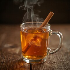 Aromatic Tea with Cinnamon: A steaming mug of fragrant tea, infused with a cinnamon stick, rests invitingly on a wooden surface, its warmth promising comfort and flavor.