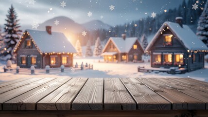 Wooden table product display surface in front of a blurred cozy Christmas village background with falling snow.