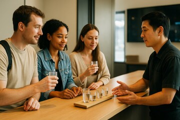 Group of diverse young adults listening to guide during water tasting session with glasses on wooden counter in modern bright interior setting. Ai generative