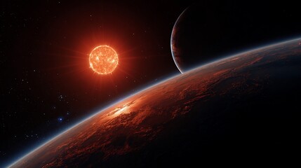 Alien planet with a star rising in the background, with a second planet orbiting. For science