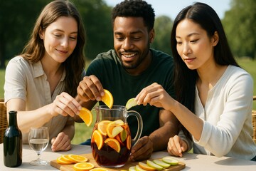 Group of friends preparing fruit punch outdoors with fresh sliced fruits on a sunny day, enjoying leisure time and healthy lifestyle together. Ai generative