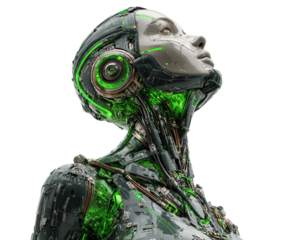 Female cyborg angled portrait, black chrome with green neon glow, crisp mechanical parts, isolated PNG