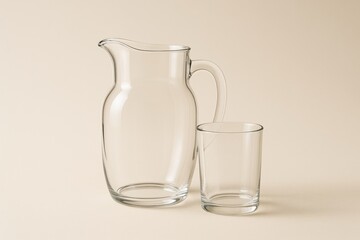 Transparent glass pitcher and empty drinking glass on light beige background with soft lighting and minimalistic abstract composition. Ai generative