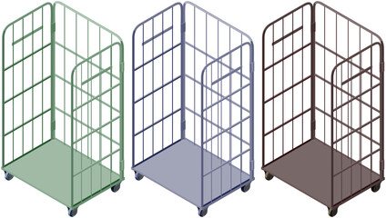 物流用カゴ台車のアイソメトリックイラスト 3色セット