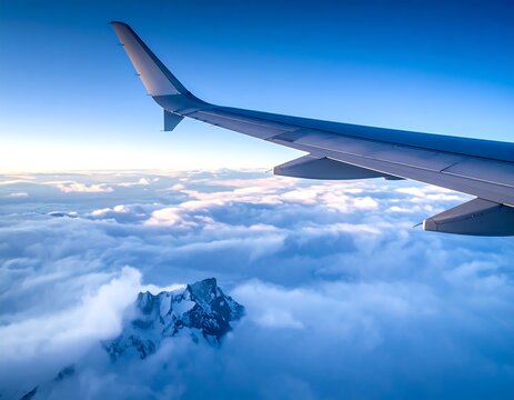 Airplane wing over clouds and mountains - Powered by Adobe