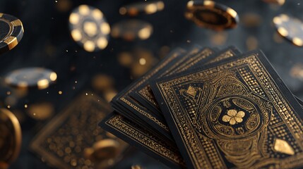 Black & gold poker cards & chips in mid-air, dark room with bokeh background, game