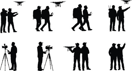 Drone operation silhouettes, teamwork with drones, videography silhouettes, tripod camera,